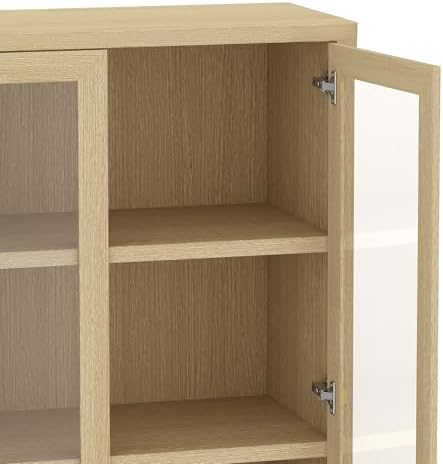 Manhattan Comfort Rivington 5-Shelf Bookshelf with Soft Close Glass Door, 79" Tall Bookcase Handle-Free, Adjustable Shelves, Storage Cabinet for Living Room, Bedroom, or Office Set of 2 in Natural Oak