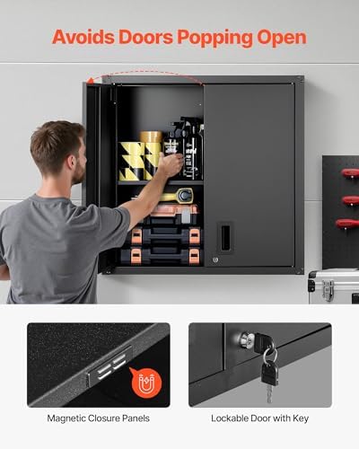 VEVOR Metal Wall Cabinet, 30W x 12.2D x 30H Inch, Steel Floating Hanging Storage Cabinet with Locking Doors and Adjustable Shelf for Garage, Basement, Kitchen, Warehouse Assembly Required, Black