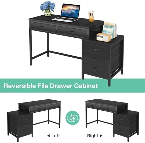 Tribesigns Computer Desk with 5 Drawers, Reversible Home Office Desks
