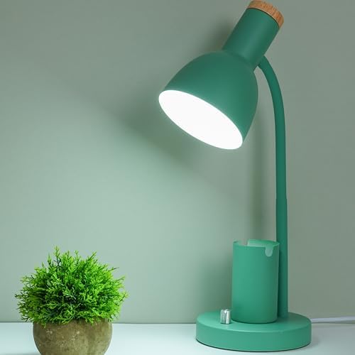 Desk Lamp with Pen Holder, Green, Wood Accent, Adjustable Gooseneck, Modern Study Light (Green)