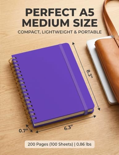 5 Pack Hardcover Spiral Notebooks, 8.3" x 6.3" Lined Journal Set, 100 GSM Bleed-Resistant Paper, 200 Pages Twin-Wire Bound Notebook with Elastic Band & Category Stickers for Office, School
