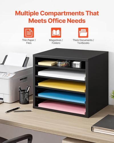 VEVOR Literature Organizer, 5 Compartments Office Mailbox with Adjustable Shelves, Wooden Mailbox Sorter with MDF, Countertop Office Home Classroom Storage Organizer for File, Document, Paper, Black