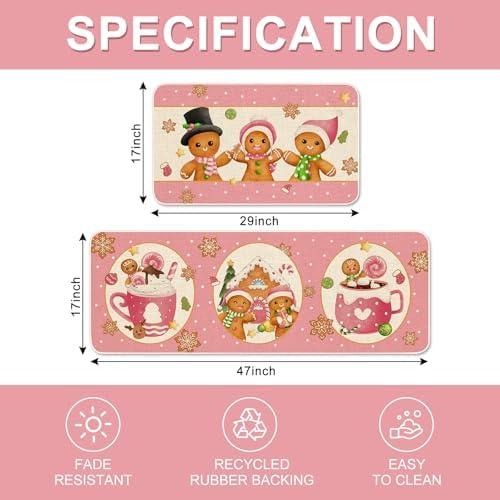 JarThenaAMCS Christmas Kitchen Mats Set of 2 Pink Gingerbread Man Non-Slip Floor Mat Xmas Decorative Rugs for Bathroom Kitchen, 17 x 29 Inch & 17 x 47 Inch