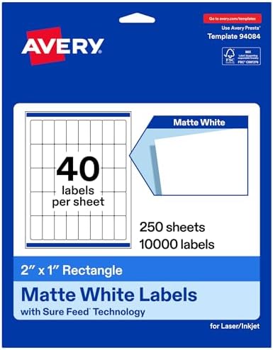 Avery Matte White Rectangle Labels, 2" x 1", Sure Feed Technology, Laser/Inkjet Printer Compatible, 10000 Printable Labels Total, Great for Branding, Packaging, and More