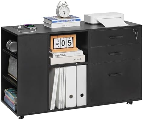 VEVOR 3 Drawer Wooden File Cabinet, Mobile Filing Cabinet with Power Strip, Lockable Rolling File Storage with Adjustable Shelves & 5 Wheels, Floor Standing Printer Stand for Home Office School, Black