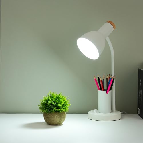 Desk Lamp with Pen Holder, Green, Wood Accent, Adjustable Gooseneck, Modern Study Light (White)