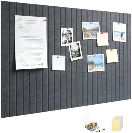 Felt Bulletin Board Tiles, 6 Pack Combination 60×90cm Felt Pin Board with 30 Colored Pushpins & 40 Traceless Adhesive Tabs for Home Office Classroom, Charcoal Gray