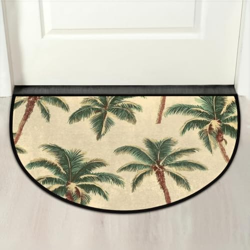 Ocean Palm Trees Beige Half Round Door Mat Non Slip Washable Semi Circle Area Rug Absorbent Soft Half Moon Rug Floor Mat for Indoor Outdoor Kitchen Bathroom Patio Front Door Mat Decor