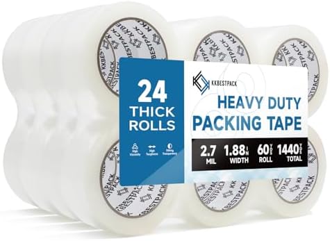 KKBESTPACK Heavy Duty Packing Tape, 24 Rolls – 1.88" x 60 Yards – Clear Shipping & Packaging Tape for Moving Boxes & Storage