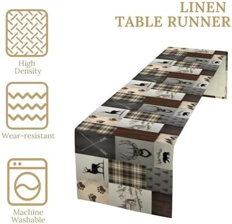 Rustic Cabin Moose Deer Bear Table Runner, Retro Vintage Bear Cottage Country Style Cabin Farmhouse Dinner Runner for Home Kitchen Dining Table Decoration 13"x120"
