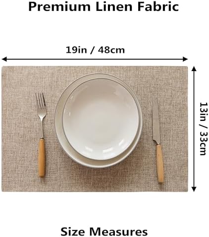 Demetex Linen Placemats Set of 4 Heat Resistant Cloth Place Mats Wipeable Fabric Placemats for Dining Table Indoor Restaurants, 13 x 19 inches, Linen