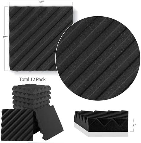 Foroomaco Slash Acoustic Foam Panels, 12 x 12 x 2 in, 12 Pack, Black