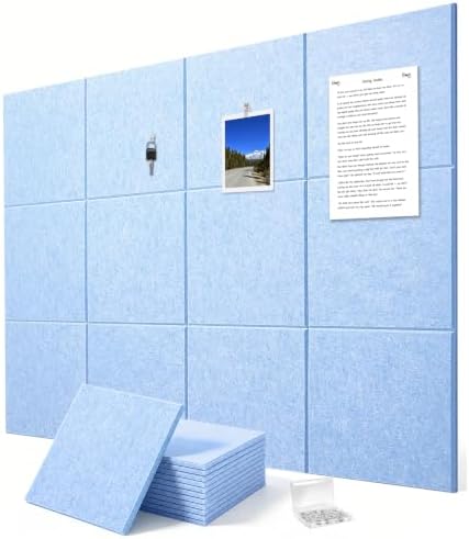 Felt Wall Tiles Bulletin Board Large Cork Board Alternative 12 Pack 11.81”x11.81”x0.47” Felt Pin Board Tack Board with Safe Removable Adhesive Tabs for Home Office School 48x36(Light Blue)