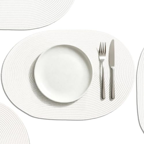 AHHFSMEI Placemats Set of 6 for Dining Table Washable Woven Non-Slip 18x12 inches Placemat Heat-Resistant Durable Table Mats for Dining Table Easy to Clean (Oval White,6)