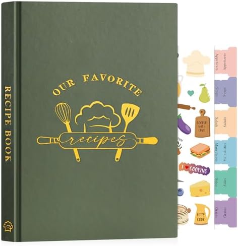 Lanpn B5 Blank Recipe Book Cookbook for 70 Recipes, Leather Cover Waterproof Empty Cooking Journal to Write in Your Own Recipes, Recipe Notebook with Stickers to Organize Your Family Recipes, Green