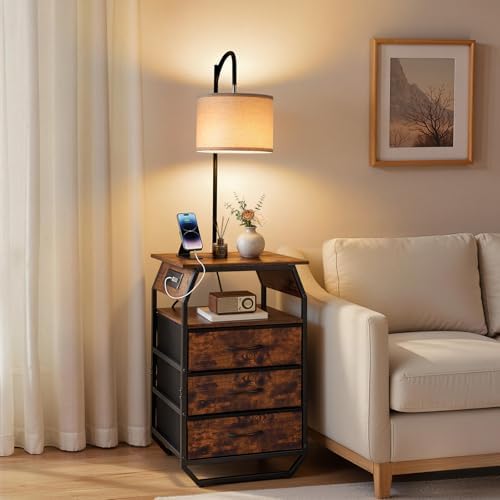 VEVOR Floor Lamp with Table, End Table with 3 Drawers and 3 Color Temperature Lighting, Modern Side Table Bedside Nightstand with USB & Type C & AC Charging Port for Living Room, Bedroom, Dorm