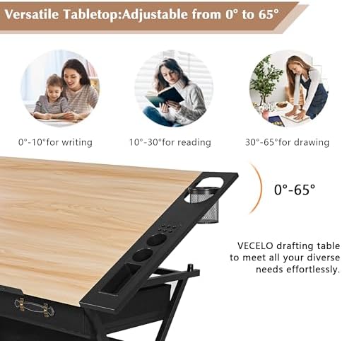 VECELO Drafting Table Art Desk Art Table Adjustable Drawing Table Tilted Tabletop with 2 Storage Drawers and Stool, Drawing Desk for Artist Painters Drawing, Crafting, Reading, Writing, Natural