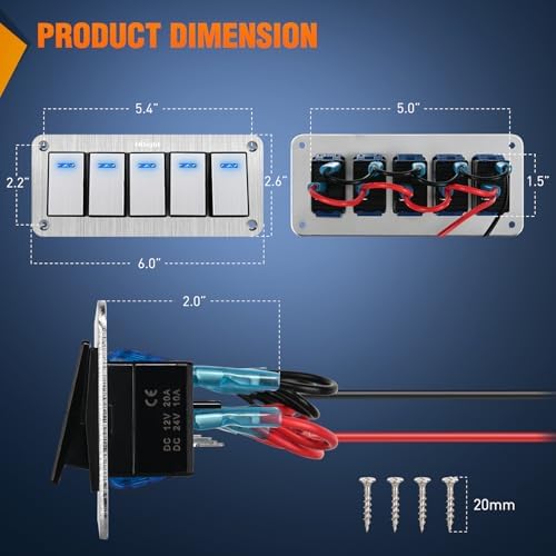 Nilight 5 Gang Rocker Switch Panel 3 Pin On Off Pre-Wired Blue LED