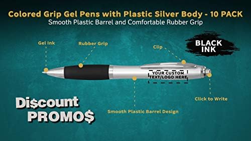 DISCOUNT PROMOS Custom Colored Grip Gel Pens Set of 10, Personalized Bulk Pack - Great for Office, School, Business, Tradeshows, Events - Black