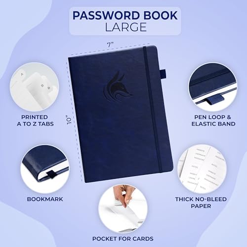 Clever Fox Password Book with Alphabetical Tabs, 7"x10" Keeper Dark Blue