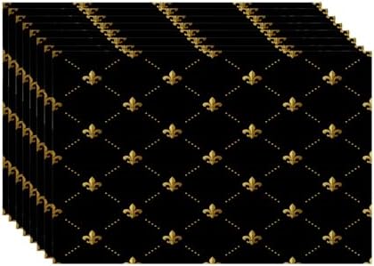 Batmerry Gold Black French Linen Placemats Set of 8,Flowers Golden Fleur De Lis Black Gold from Art Washable Table Mats for Kitchen Table Thickened Heat Insulation Dining Set Indoor Outdoor 12X18 in