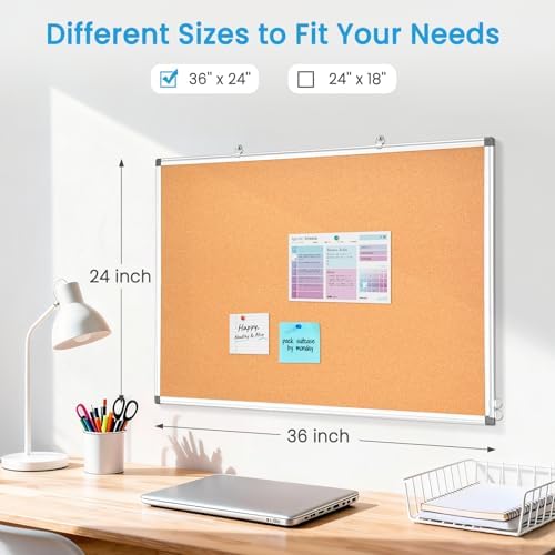 Double-Sided Cork Bulletin Board for Wall, WALGLASS 36" x 24" Notice Board