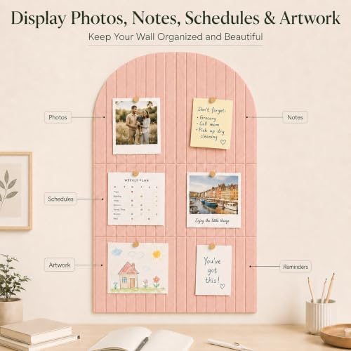 Arched Felt Bulletin Board for Home Office, Bedroom & Classroom Wall Decor, Large 36 x 24 Felt Pin Board with 6 Customizable Tiles and Adhesive Tabs for Photos & Memos