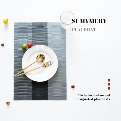 Placemats Set of 12 Vinyl/Plastic Woven Place Mats for Kitchen Table Indoor/Outdoor Washable Placemat Wipeable Dining Table Mats (Ombre Silver Grey Black,12)