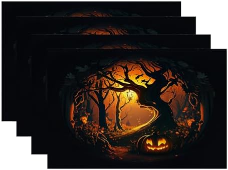 Batmerry Happy Halloween Funny Linen Placemats Set of 4, Pumpkins Lanterns Forests Terror Washable Table Mats for Kitchen Table Thickened Heat Insulation Dining Set Indoor Outdoor 12X18 in