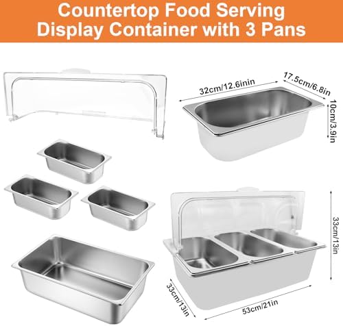 Countertop Food Serving Display Container with Clear Roll Top Cover, Catering Supplies Buffet Display, Perfect Salad Bar Buffet Station for Home and Catering Supplies, Cold Food Buffet Server(3 Pan)