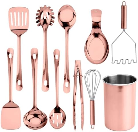 COOK WITH COLOR Kitchen Utensil Set - premium Nonstick & Heat Resistant Kitchen Gadgets, Turner, Spaghetti Server, Serving Spoons, Whisk, Tongs, Masher & Utensil Holder, 10-piece Rose Gold