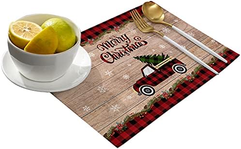 Christmas Tree Farmhouse Placemats Set of 4, Red Buffalo Plaid Truck Cotton Line Stain Resistant Table Mats Washable Holidays Merry Xmas Placemat Decoration For Kitchen Dining Table Merry Xmas
