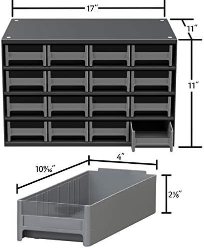 Akro-Mils Steel Garage Storage Cabinet, Small Parts Organizer Metal Cabinet for Hardware, Nails, Screws, Bolts, Nuts, and More, 17" W x 11" D x 11" H, 16-Drawer, Gray Cabinet/Blue Drawers (19416)