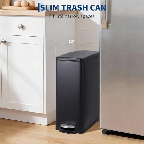 PrecisionAuto 12 Gallon Slim Trash Can with Lid, 45L Stainless Steel Step Garbage Can with Soft-Close Lid & Inner Bucket, Narrow Kitchen Garbage Bin, Metal Wastebasket for Home/Office, Black