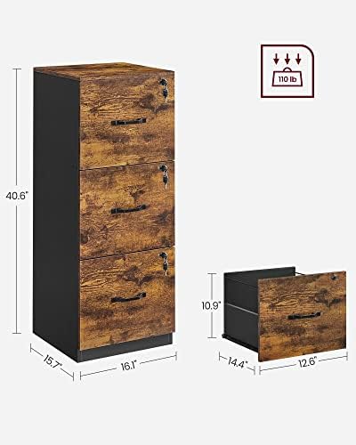 VASAGLE 3 Drawer File Cabinet with Locks, for A4, Letter Sized Documents