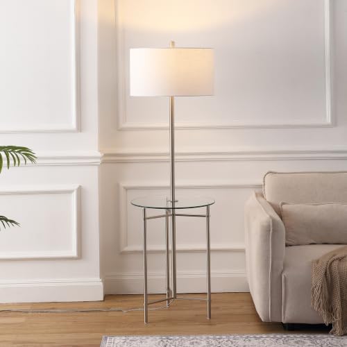 JONATHAN Y Chuck 59" Metal and Glass Side Table Floor Lamp, Brushed Nickel