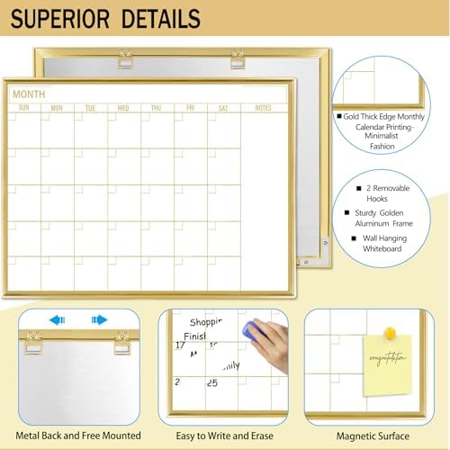 Gold Dry Erase Calendar Whiteboard for wall-18 x24’’,Portable Aluminum Frame,Magnetic Calendar White Board,Wall Planner Dry Erase Board for Office, Kitchen, School, Home-GG-4560