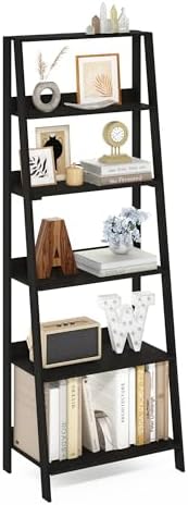 Furinno 6-Tier Ladder Shelf, Black Ladder Book Shelf, Bookcase, Storage Shelves, Storage Rack, for Organization and Storage, Living Room, Home Office, Black Espresso