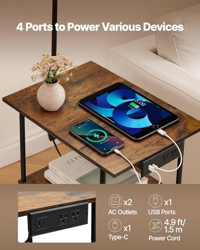 VEVOR Floor Lamp with Table, Narrow 3-Tier End Table with Open Shelves & 3 Color Temperature Lighting, Side Nightstand Bedside Desk with USB & Type C & AC Charging Port for Living Room, Bedroom, Dorm