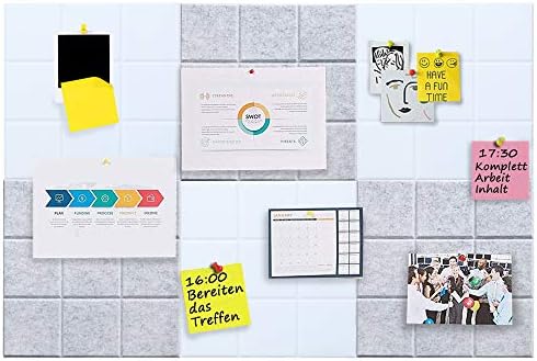 Large Felt Board Tiles for Wall with 30 Push Pins, 11.8"x11.8" Pack of 6 Pin Board Notice Boards for Home Office Kitchen, Bulletin Board Wall Tiles for Photos Memos (Grey+White, 6 Pack)