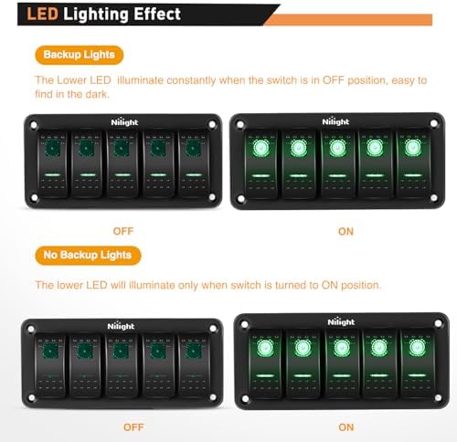 Nilight 5 Gang Rocker Switch Panel SPST On Off 5PIN Electrical Toggle Green