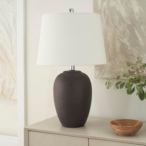 Nourison Home 23" Dark Purple Distressed Ceramic Pot Table Lamp for Bedroom, Living Room, Dining, Office, with White Shade