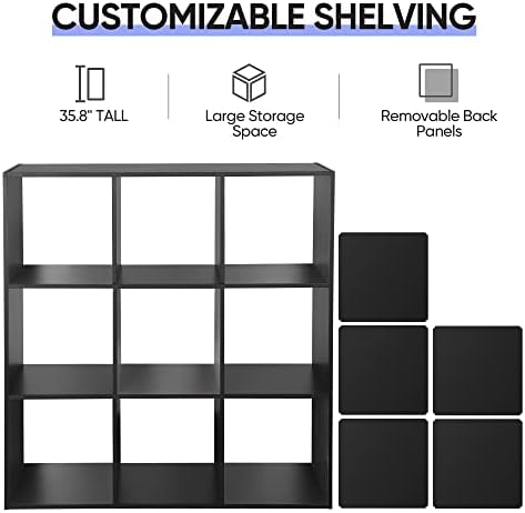 9 Cube Storage Shelf Organizer, Wood Bookshelf Organization Unit, Cube Shelves for Home Office Bedroom Living Room, Black