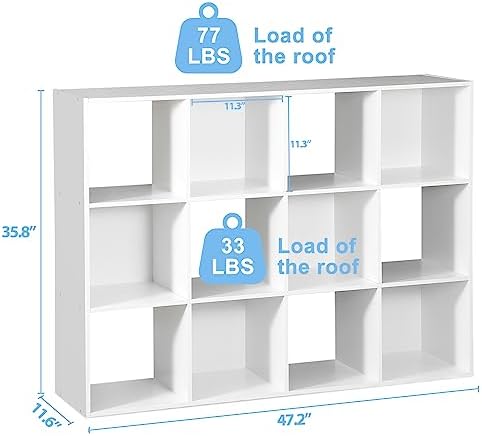 SUPER DEAL 12-Compartment Open Shelf Bookcase, 47 inch Wide Cube Storage Cabinet Wood Cubical Bookshelves Display Unit with 6 Removable Back Panels for Living Room Bedroom, White