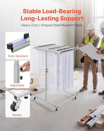 VEVOR Blueprint Storage Rack, Mobile Blueprint Holder with 12 Pivot Brackets, Plan Holder Adjustable Height & Length, Poster Display Rack for Office and Home (Rack Only Without Clamps)