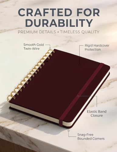 5 Pack Hardcover Spiral Notebooks, 8.3" x 6.3" Lined Journal Set, 100 GSM Bleed-Resistant Paper, 200 Pages Twin-Wire Bound Notebook with Elastic Band & Category Stickers for Office, School