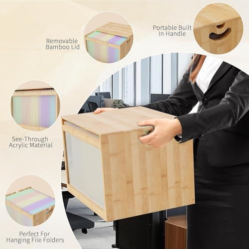 Bamboo Hanging File Organizer, Desktop File Box with Lids, 2 Pack, Natural | Removable Lid, Clear Acrylic Side Panels, 4 Hanging Folders Included, Helps Reduce Dust, Letter & Legal Size, Easy Assembly