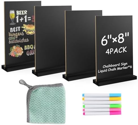 EHWINE Mini Chalkboard Easel Sign Set,4 Pack 6x8 Inch Wooden Boards with Acrylic Base and Liquid Chalk Markers, Reusable Double Sided Tabletop Display for Wedding, Restaurant, Party, Coffee Shop Decor