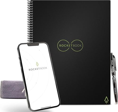 Rocketbook Core Reusable Spiral Notebook, Executive Size 6x8.8, Black - Dotted Pages, App-Connected, Erasable, Durable Cover, Ideal for School, Work, and Creative Projects