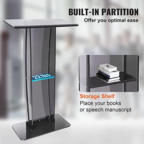 VEVOR Acrylic Podium, 47" Acrylic Podium Stand with Wide Reading Surface & Storage Shelf, Floor-Standing Clear Pulpits Acrylic for Church Office School, Black